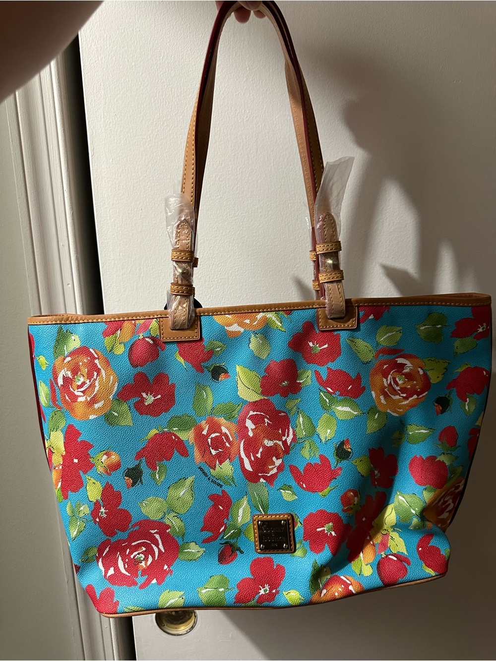 Dooney & Bourke Turquoise Floral Canvas Tote with Tan Leather Trim